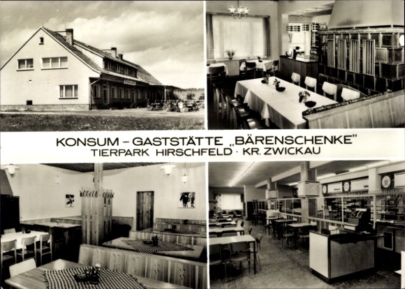 Postcard Hirschfeld in Saxony, Konsum Restaurant Bärenschenke, Zoo