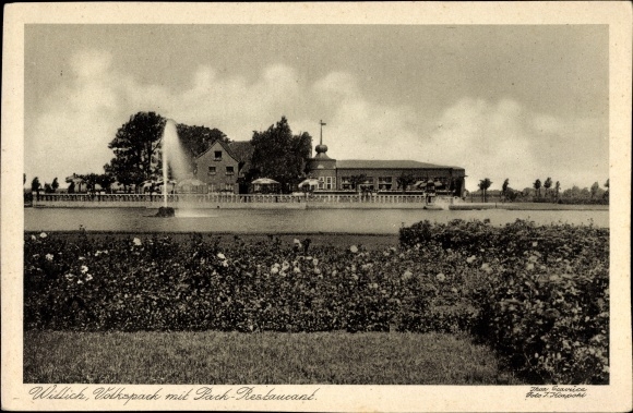 Postcard Willich am Niederrhein, public park with park restaurant, fountain