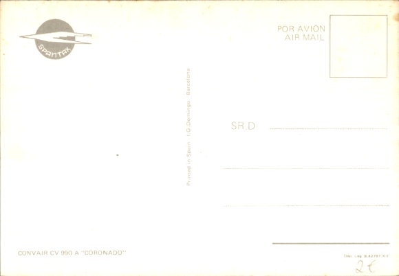 Postcard Spanish passenger aircraft of Spantax, Convair CV 990 A Coronado