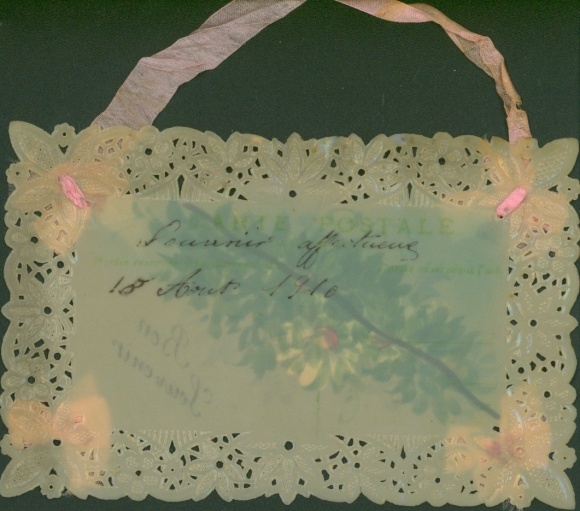 Celluloid Postcard Souvenir, kitsch, fabric bows, flowers