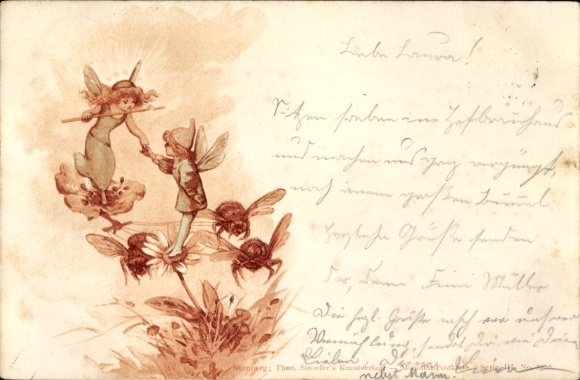 Postcard Little Elves on Flowers and Bees