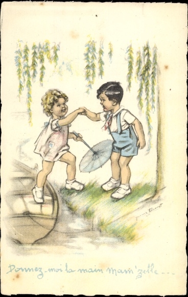 Artist Postcard Bouret, G., girl gets out of the boat, umbrella, helpful boy