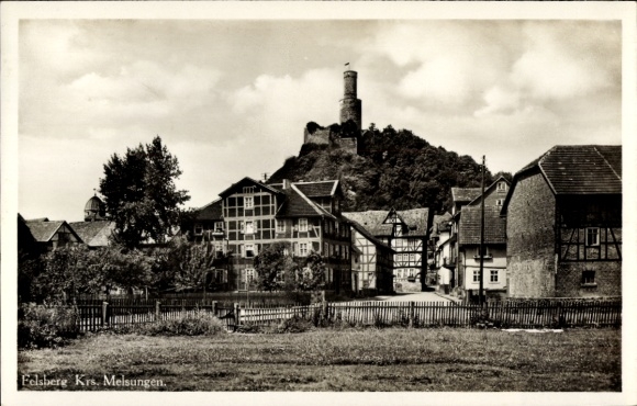 Postcard Felsberg in the Odenwald Hesse, partial view, half-timbered houses, ruin
