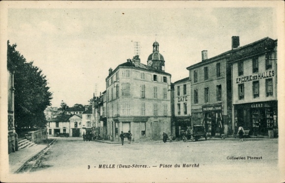 Postcard Melle Deux Sevres, Melzeard, Cafe, Place du Marché, Epicierie Halles, Collection Pineaut