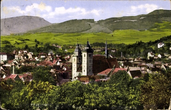 Postcard Schmalkalden in the Thuringian Forest, town view, church with towers, green hills in the background,