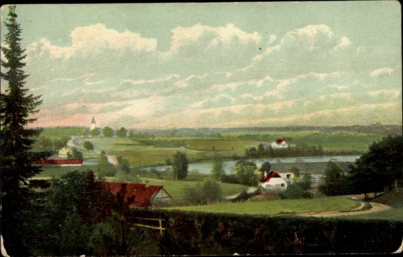 KP Valka Walk Livonia Łotwa, widok krajobrazu, pola, wzgórza, domy, niebo z chmurami