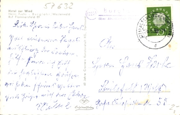 KP Landpoststempel (22b) Burglahr przez Altenkirchen Westerwald