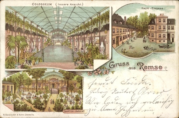 Chromo-Litho Remse an der Mulde, Colosseum, interior view, main entrance, garden view