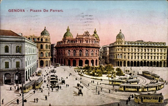 Ak Genova Genua Liguria, Piazza De Ferrari,  Architektur, Straßenbahnen, belebter Platz