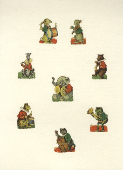 8 Oblaten musizierende Tiere, je ca. 4 x 4 cm