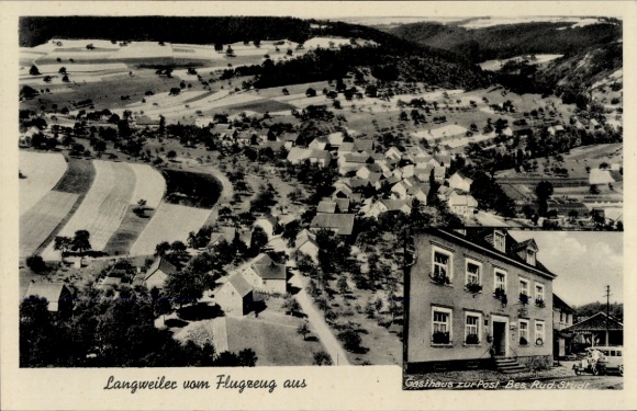 Postcard Langweiler in the Hunsrück, aerial photograph, Gasthaus zur Post, Rud. Studt