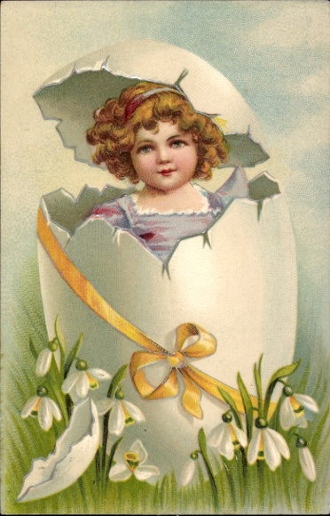 Embossed PC Happy Easter, child in an eggshell, snowdrops