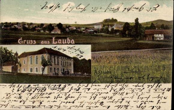 Ak Lauba Lawalde in Lausitz, landschapsfoto, gebouwen, velden, groeten uit Lauba