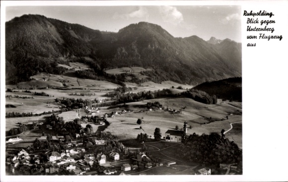 Postcard Ruhpolding in Upper Bavaria, aerial view of Unternberg, mountains and landscape