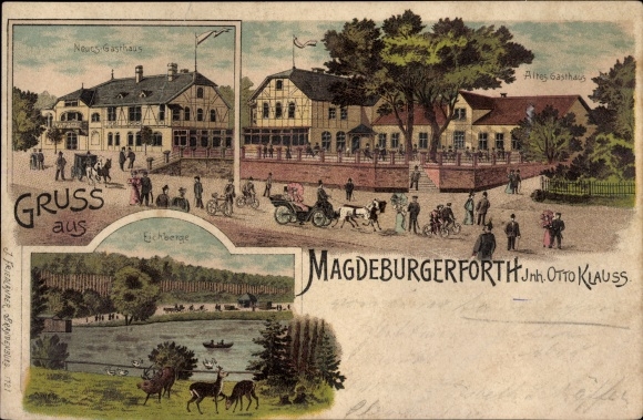 litho Magdeburgerforth Möckern in Jerichower Land, oude herberg, nieuwe herberg, Eichberge