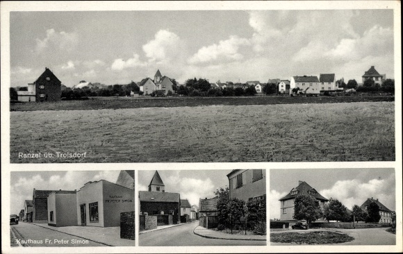 Postcard Ranzel Niederkassel am Rhein, partial views, department store Fr. Peter Simon