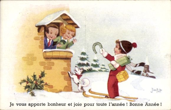 Artist Postcard Patt, Jim, Happy New Year, boy on skis, horseshoe