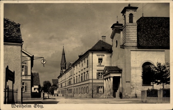 PC Weilheim Upper Bavaria, street area, church