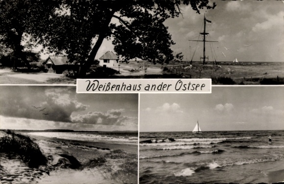 Postcard Weißenhaus Wangels in Ostholstein, partial views, beach, sailing boat