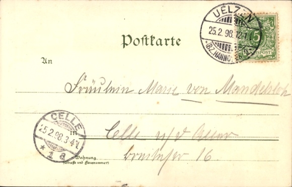 Chromo-Litho Uelzen in Lower Saxony, total view, Fischerhof, train station, post office, town hall, high school