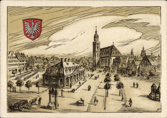 Künstler Ak Frankfurt am Main, an der Hauptwache, Kirche, Ziehbrunnen, Wappen