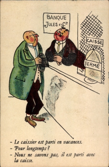 Postcard Le caissier is parti en vacances, bank teller, customer, cashier