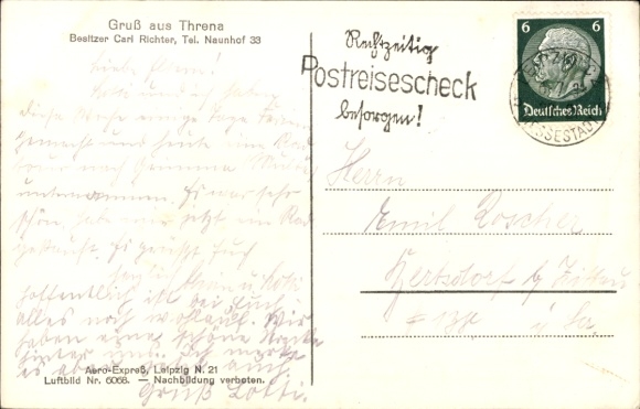 Ak Threna Belgershain in Sachsen, Gasthof, Fliegeraufnahme