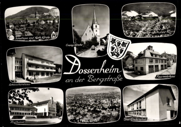 Postcard Dossenheim an der Bergstraße Baden, aerial photograph, town hall, church