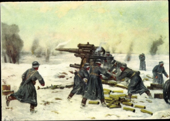 Artist Postcard Schnürpel, German Wehrmacht, heavy anti-aircraft guns against Russian tanks, Eastern Front, WWII