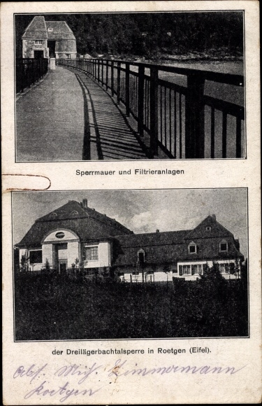 Postcard Roetgen in the Eifel, dam, filter systems, Dreilägerbachtalsperre