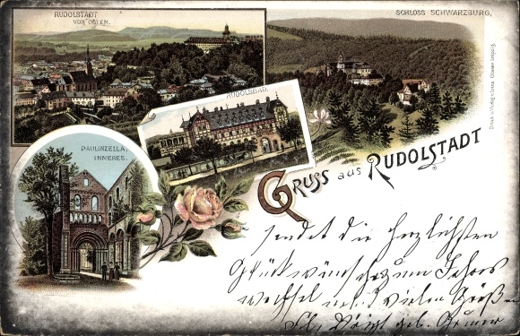 Chromo-Litho Rudolstadt, Rudolsbad, Schwarzburg Castle, Paulinzella