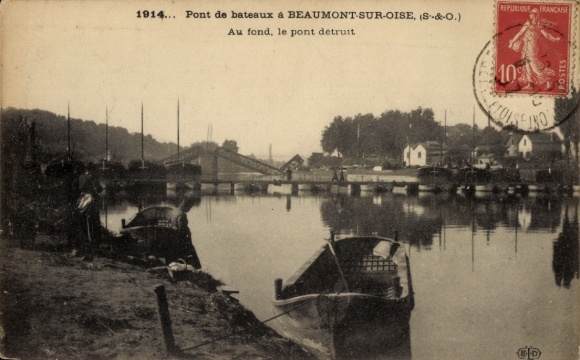 Ak Beaumont sur Oise Val d'Oise, Blick auf die zerstörte Brücke