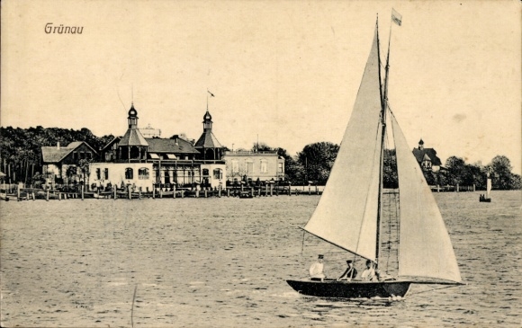 Ak Berlin Köpenick Grünau, Gesamtansicht, Segelboot