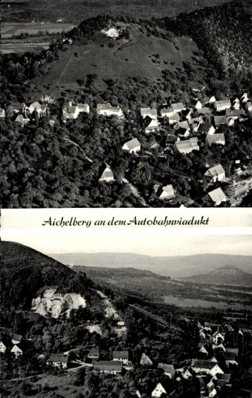 Postcard Aichelberg on the Swabian Alb, aerial view of motorway viaduct, landscape, houses