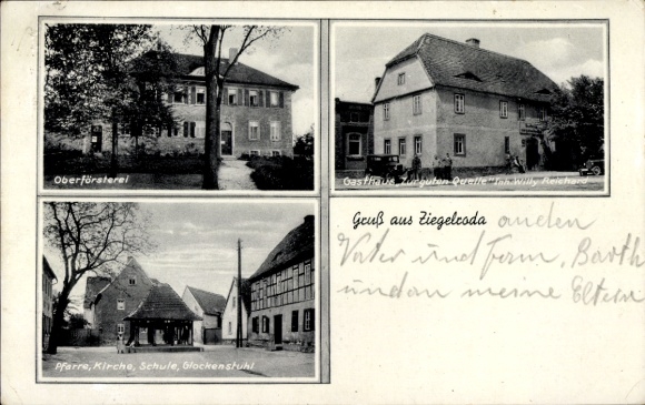 Ak Ziegelroda Querfurt im Saalekreis, Oberförsterei, Gasthaus, Pfarre, Kirche, Schule, Glockenstu