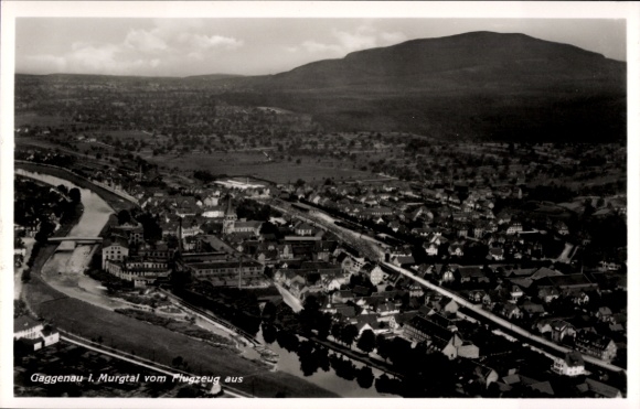 Postcard Gaggenau in the Murg Valley, Black Forest, aerial photograph, Murg Valley, city view, black and white
