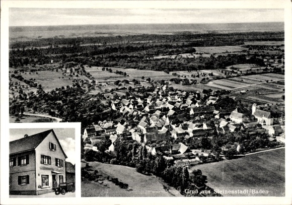 Postcard Steinenstadt Neuenburg am Rhein Hochschwarzwald, aerial photograph, plot by J. Roßnagel