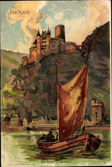 Artist Chromo-Litho Sankt Goarshausen am Rhein, Katz Castle, sailing boat