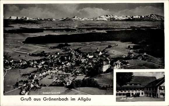 Postcard Bad Grönenbach in Allgäu, Greetings from Grönenbach, general view, Alps in the background
