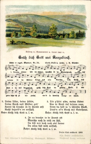 Song Postcard Günther, Anton, Ore Mountain dialect 24, Hello God my Arzgebirch, Keilberg