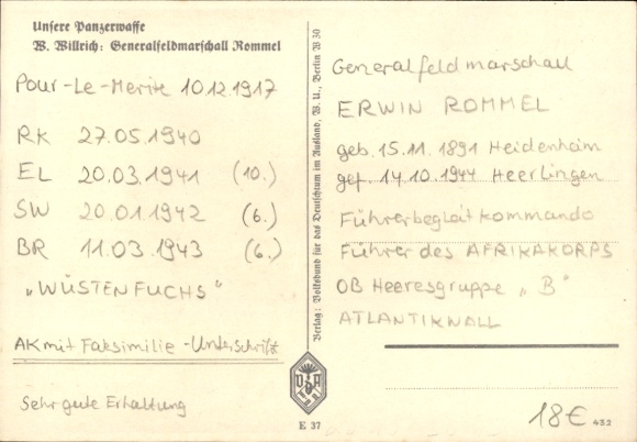 Artist Postcard Willrich, Wolfgang, Major General Rommel, Knight's Cross recipient, Panzer Division, VDA