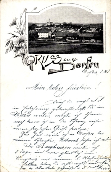 PC Dorfen in Upper Bavaria, city view from flower motif above, handwritten text