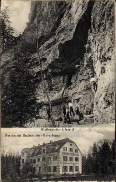 Postcard Pullach in the Isartal Valley, Upper Bavaria, climbing garden, people climbing, Restaurant Buchenhain, B