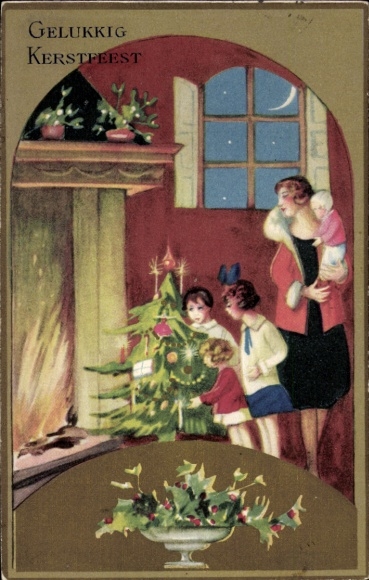 Kunstenaar ansichtkaart Kerstmis, kerstboom, moeder met kinderen