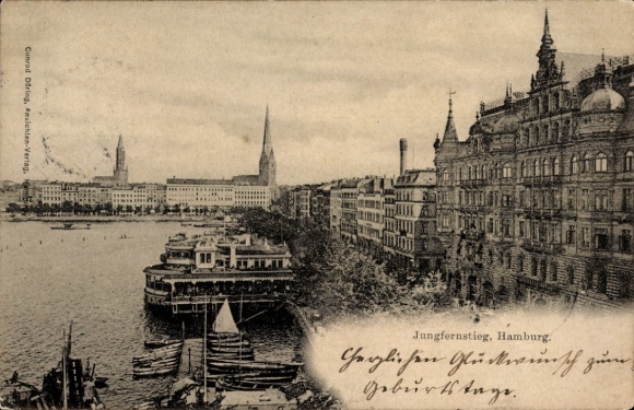 Postcard Hamburg Mitte Neustadt, Main Post Office, Oberpostdirektion, Jungfernstieg, ship, city view, Ha