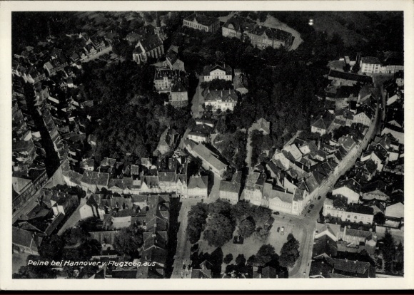Postcard Peine in Lower Saxony, aerial photograph, houses, trees, streets, city view