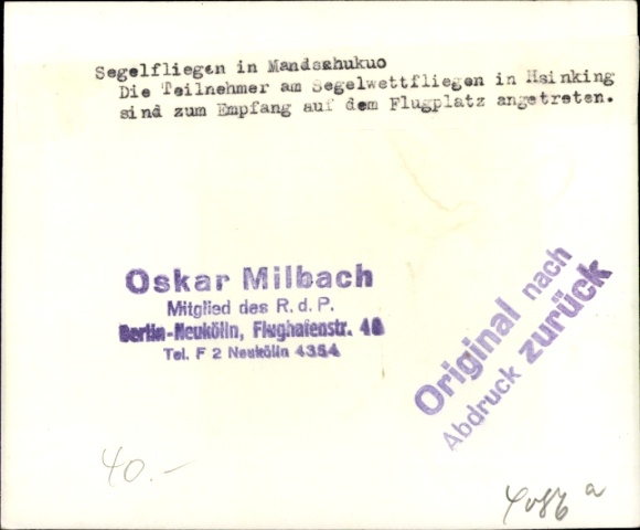 Photo Manchukuo State of Manchu, gliding, gliding competition in Hainking, airfield