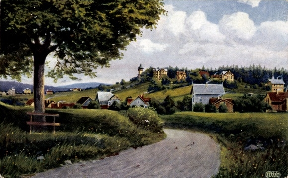 Postcard Finsterbergen Friedrichroda in the Thuringian Forest, landscape with hills, trees, buildings, picturesque