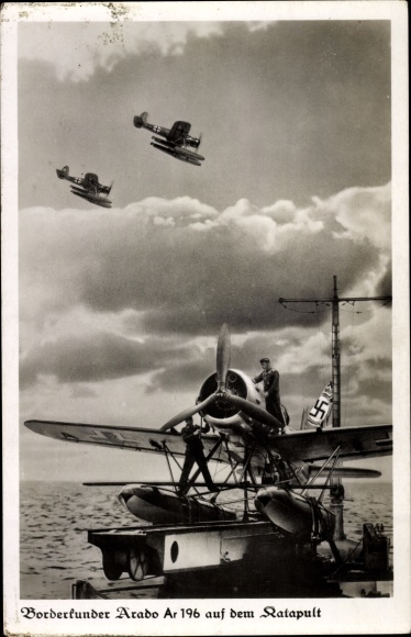 Postcard Borderkunden Arado Ar 196 on the catapult of a warship, Luftwaffe