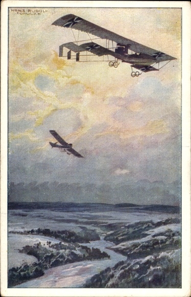 Artist Postcard Schulze, Hans Rudolf, Military biplane on reconnaissance mission over the Argonne Forest